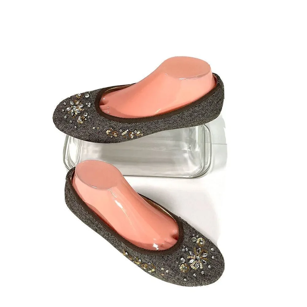Talbots Brown Tweed Ballet Flats Shoes Size 9 B US Rhinestones‎ Sequins